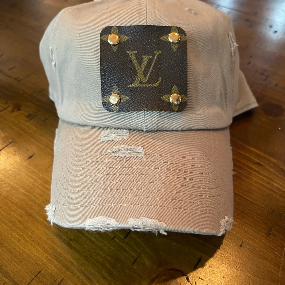 Upcycled Luxury Brand Distressed Khaki Baseball Hat - Picture 3 of 3